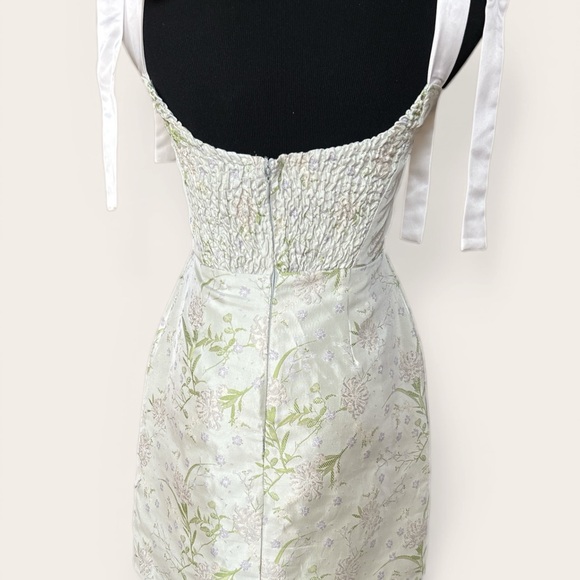 MABLE Floral Jacquard Dress in Sage Green with Bows on Shoulders Size Small - Picture 2 of 3